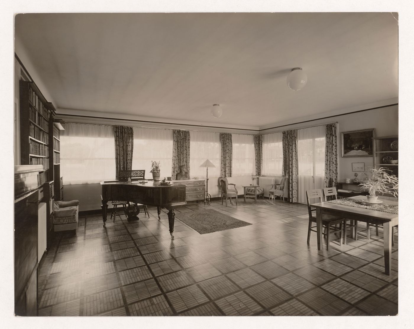 Interior view of living room with piano, Trapenard Villa, Sceaux, France