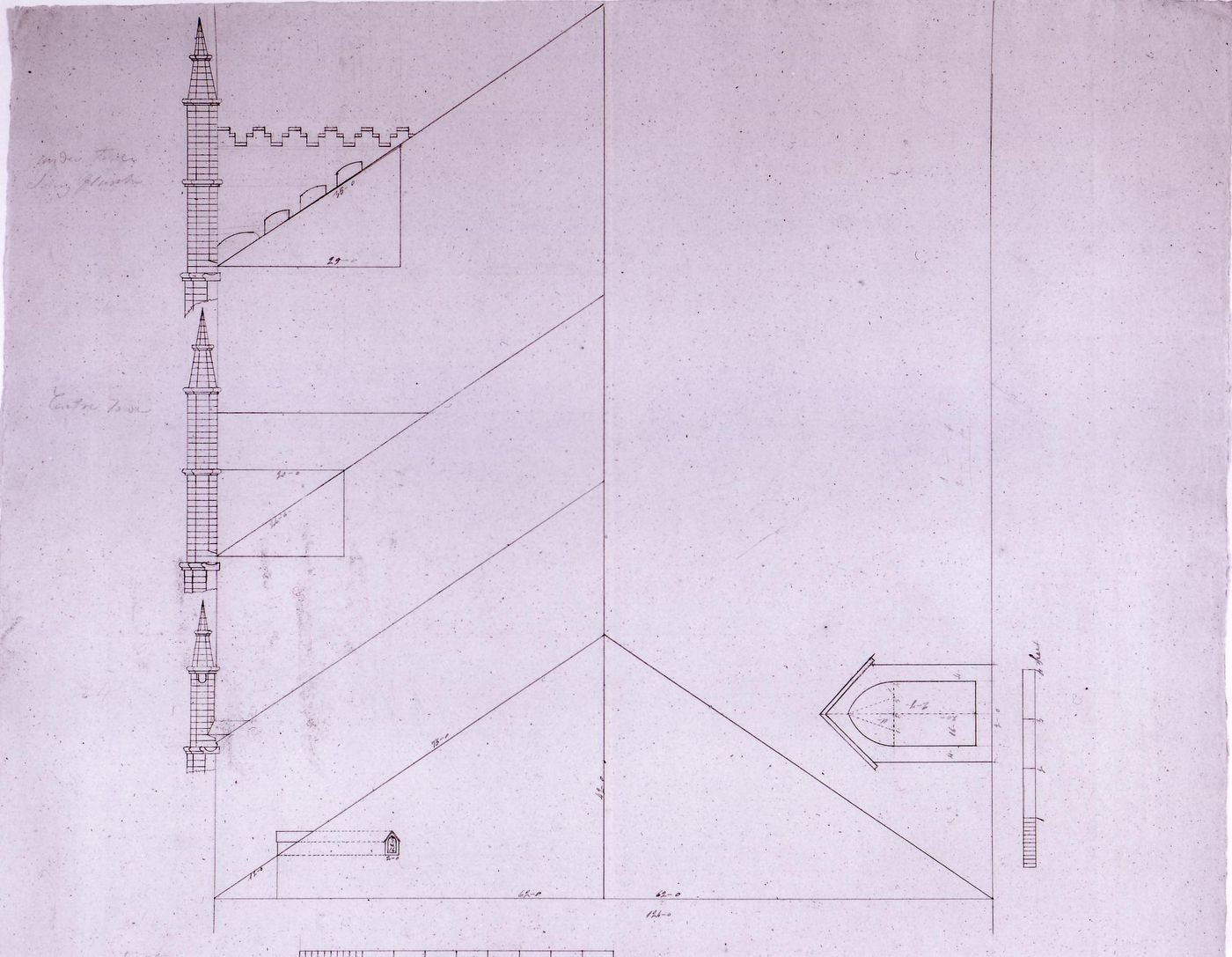 Elevations for a tower and a dormer window [?] for Notre-Dame de Montréal