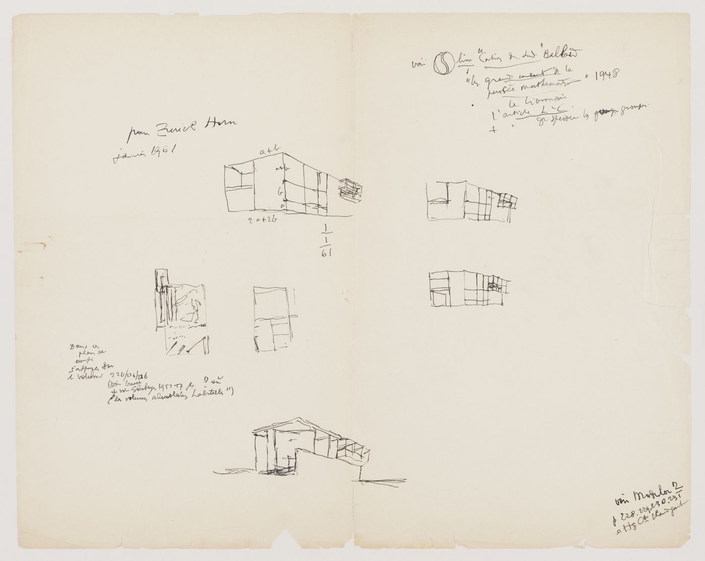 Conceptual sketches and notes for Zurichorn (Maison de l'Homme), Zurich