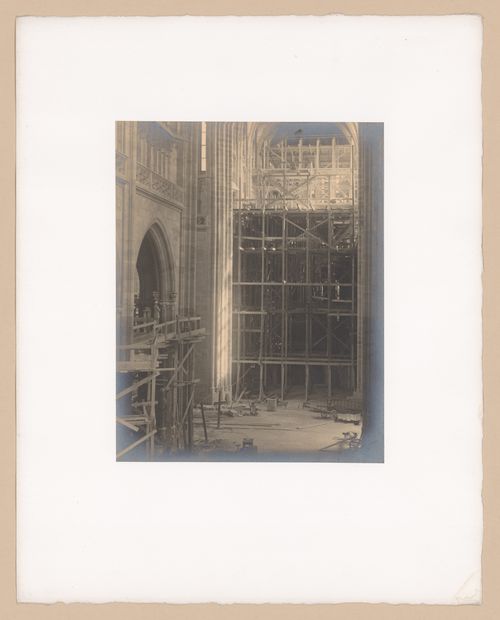 Plate from portfolio ''Svaty Vit (St. Vitus or St. Guy), various interior and exterior views of the cathedral under construction, Prague, Czech Republic''