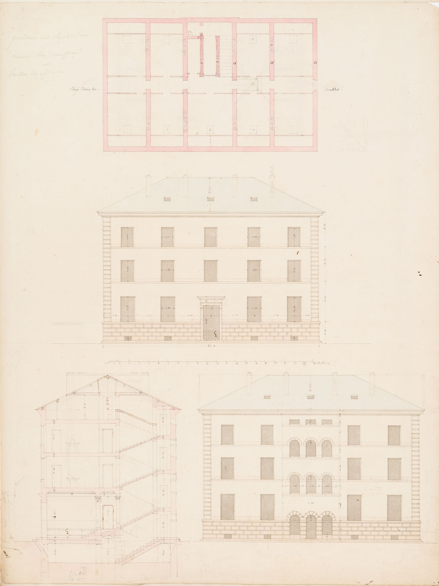 Project for the caserne de la Gendarmerie royale, rue Mouffetard: Elevations, plan for the "comble", and cross section for the officers' pavilion