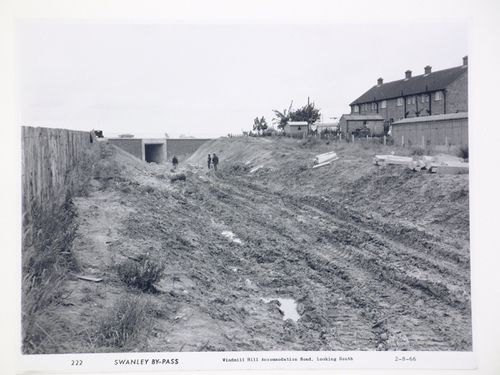 View of Windmill Hill accommodation road, looking south, during construction of the Swanley Bypass, England