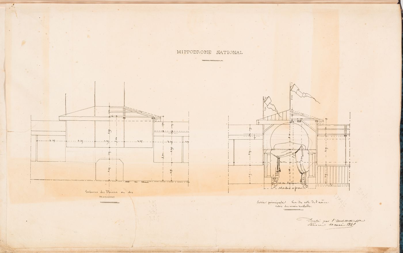 Hippodrome national, Paris: Sectional elevations for the princes' and musicians' grandstands and the principal entrance
