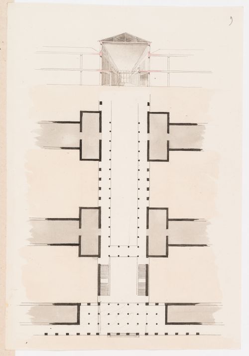 Ideal hospital near the barriére de Monceau, Paris [?]: Partial plan and sectional perspective; verso: Sketches for a hospital