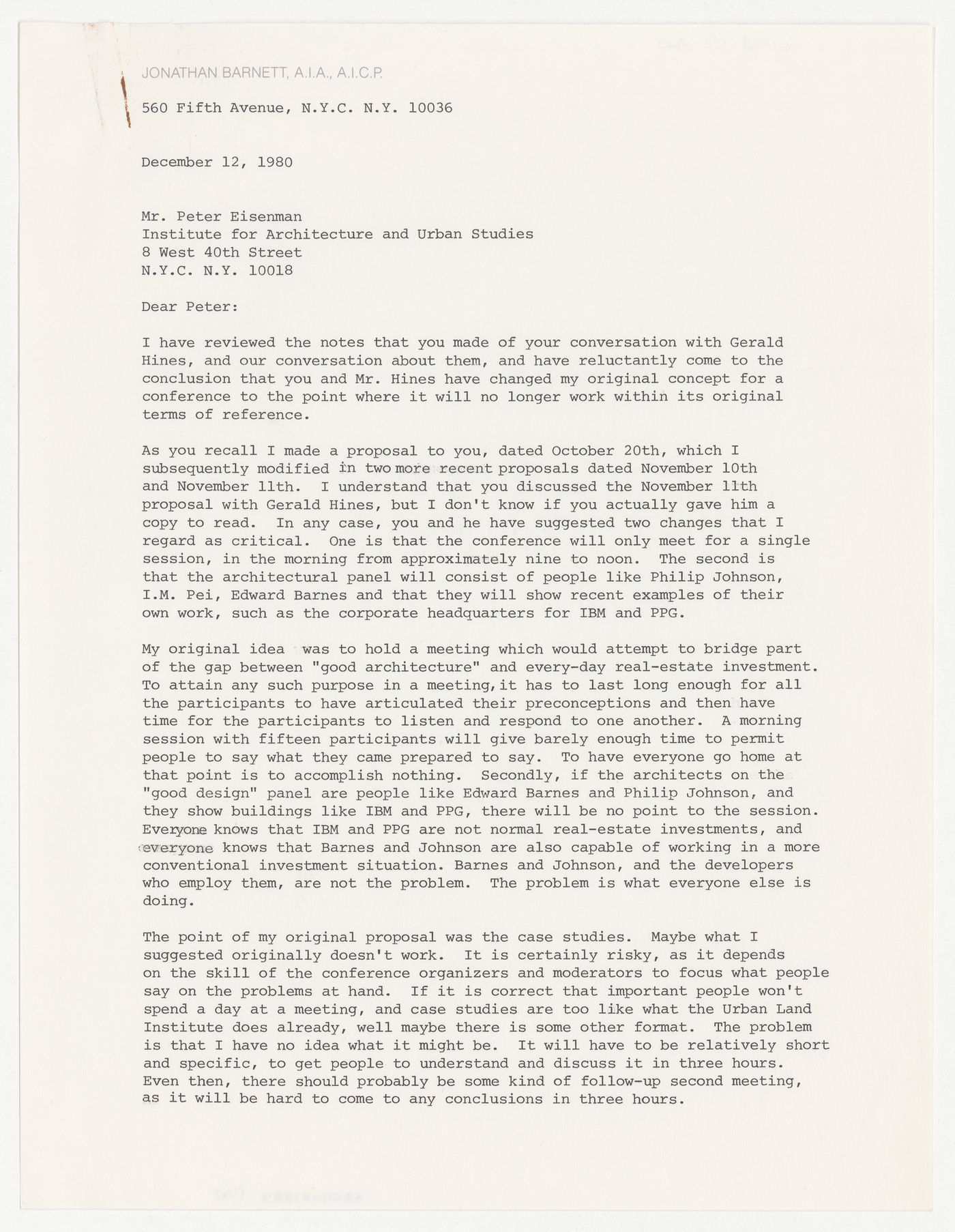 Letter from Jonathan Barnett to Peter D. Eisenman responding to a collaboration request