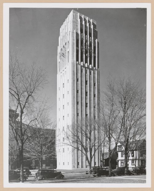 View of the south and east façades of the Charles Baird Carillon Tower (also known as the Burton Memorial Tower) with the Hill Auditorium on the left, 230 South Ingalls Street, University of Michigan, Ann Arbor, Michigan