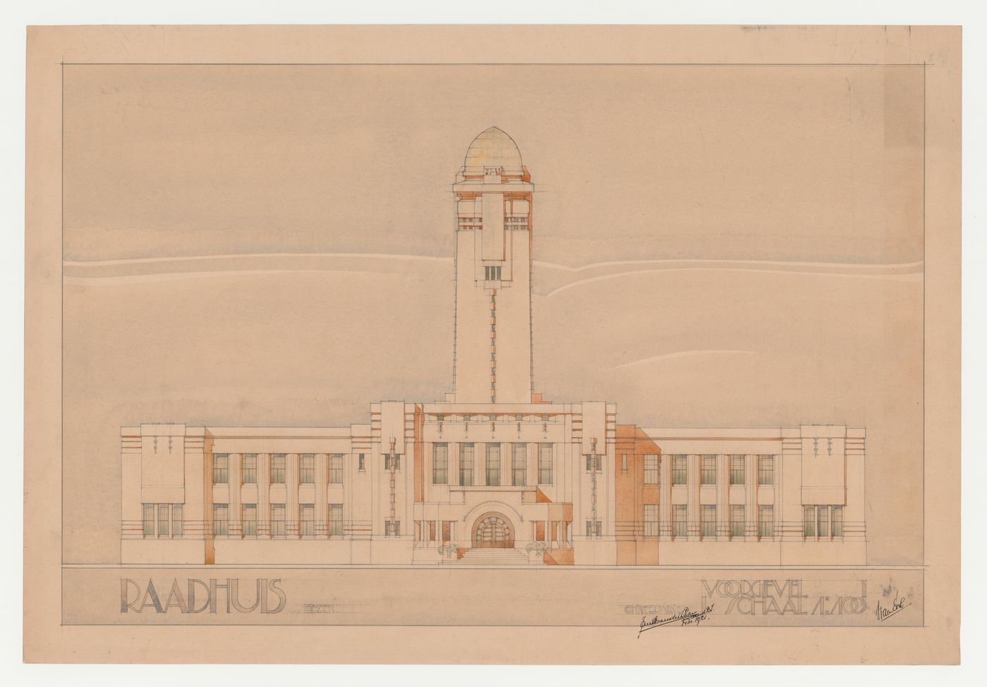 Student presentation drawing showing the principal elevation for a town hall, Technische Hogeschool Delft, Netherlands