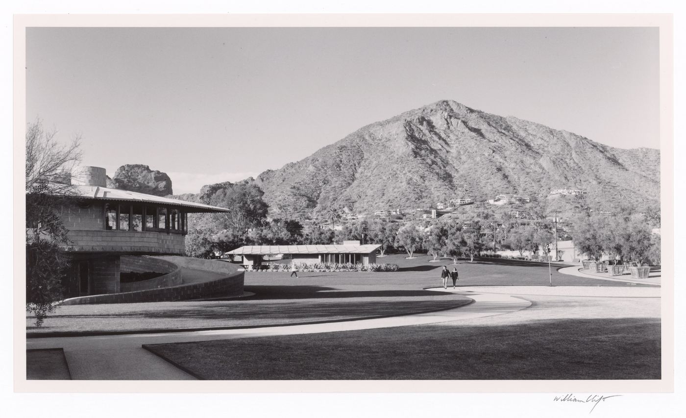 Main house and guest house and Camelback Mountain with 2 people, from the series The David and Gladys Wright House