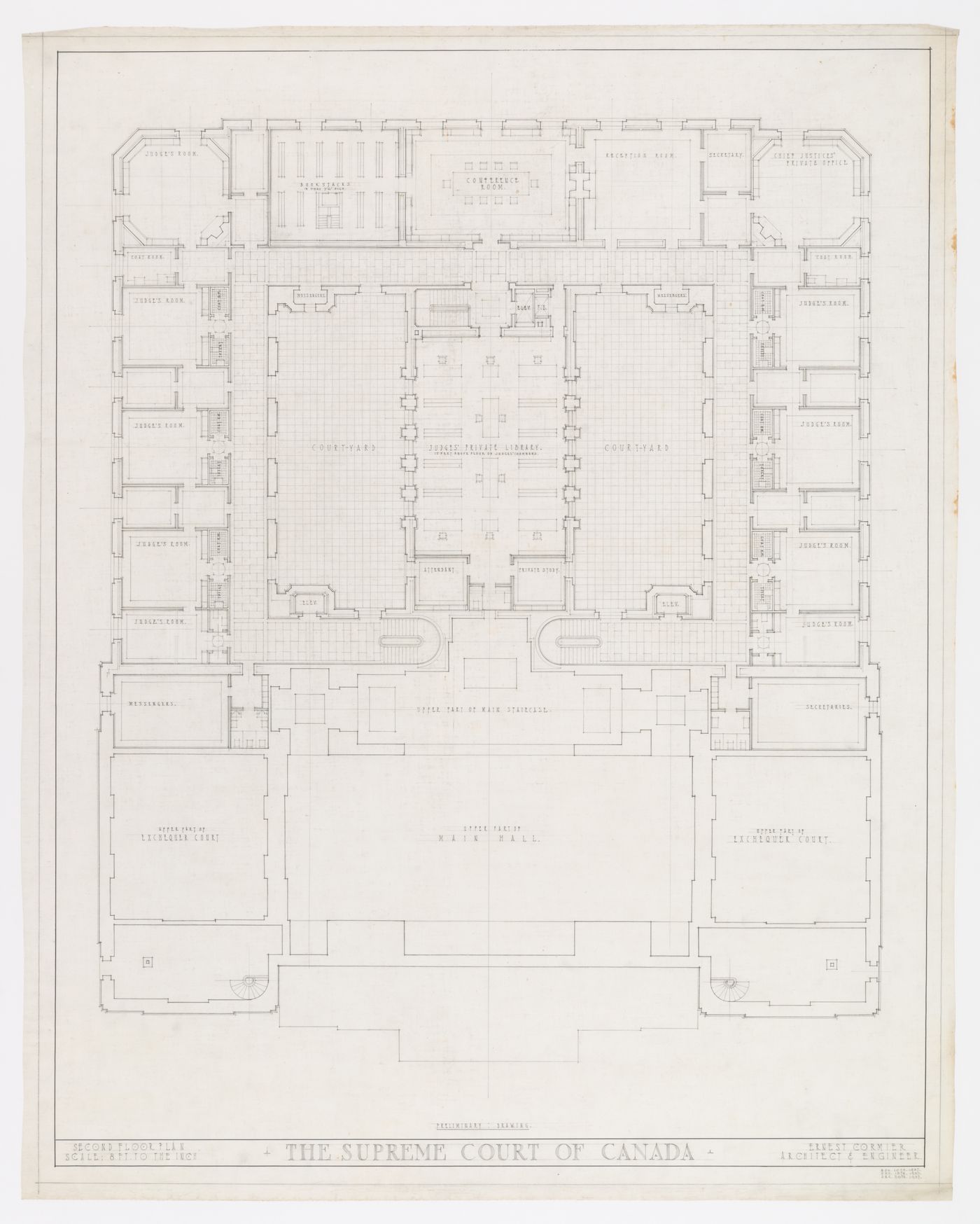 Plan préliminaire du deuxième étage, Cour suprême du Canada, Ottawa, Ontario, Canada (1937-1953, 1977)