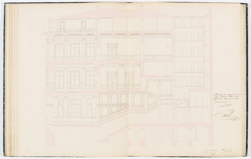Contract drawing for the Chambre des Notaires: Longitudinal section showing details for the "vestibule", "salle de vente", "salle d'assemblées", "salon", and "grand escalier"