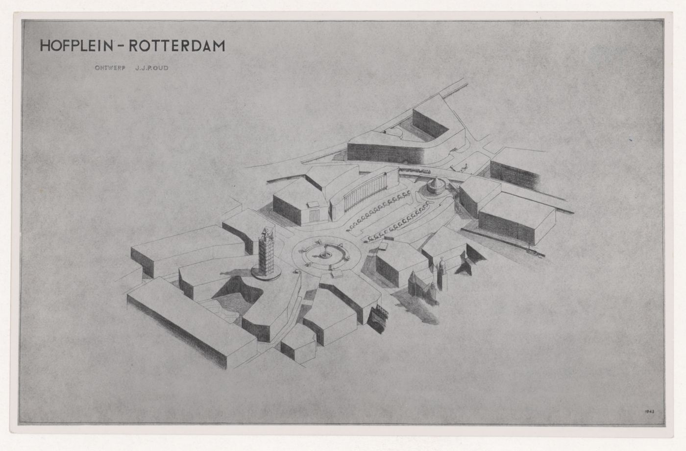 Photograph of a bird's-eye perspective drawing for the reconstruction of the Hofplein (city centre), Rotterdam, Netherlands