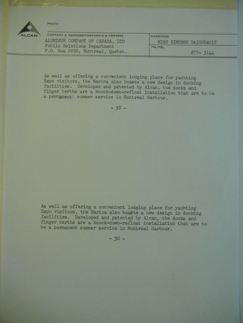 Description of the marina, Expo 67, Montréal, Québec