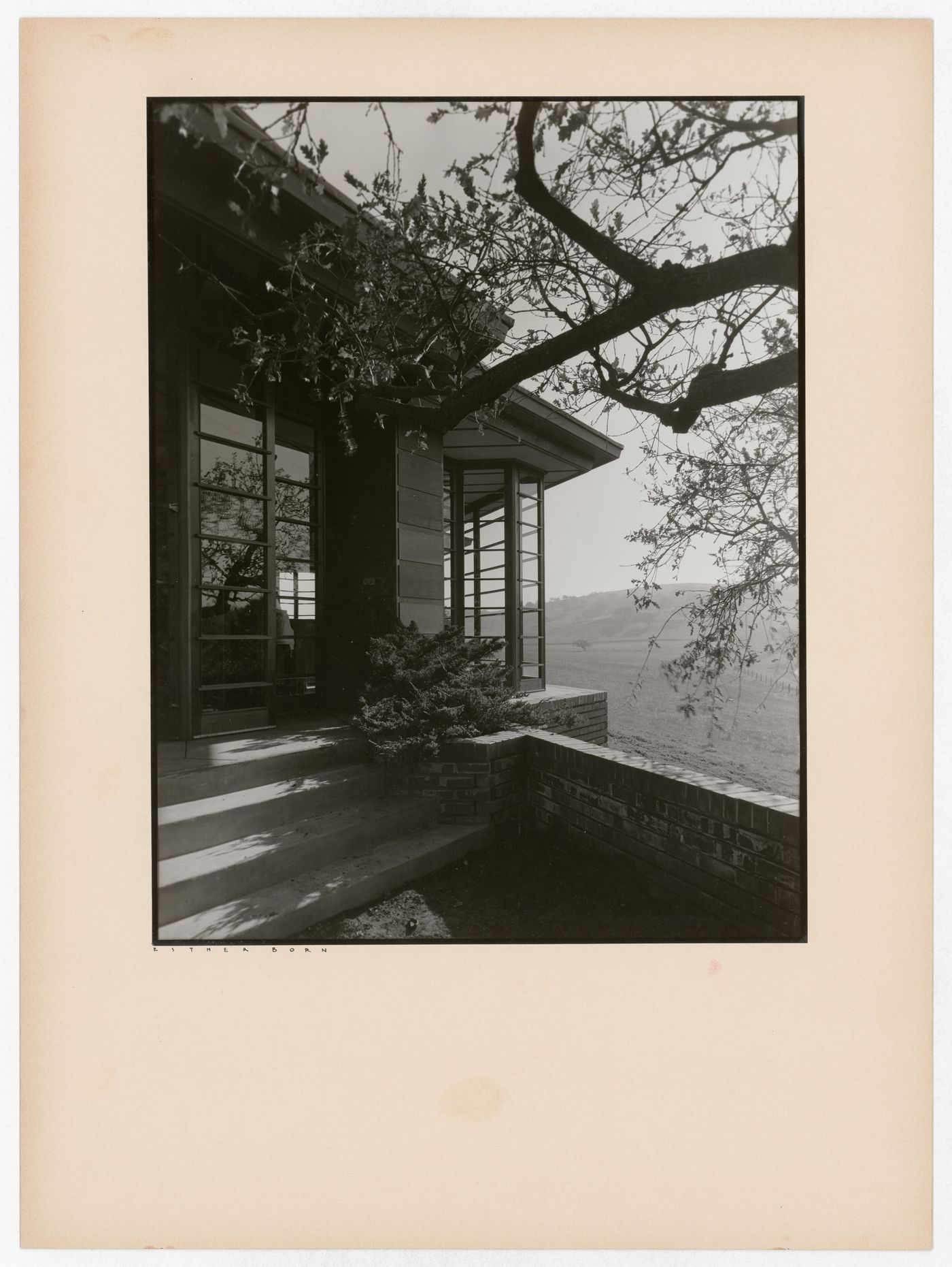 Partial view of the Hanna House showing steps, windows, and grounds, Palo Alto, California, United States