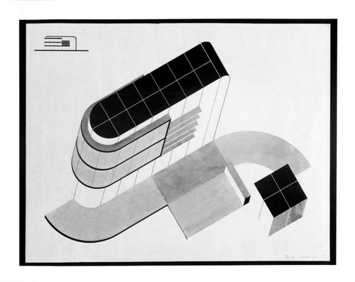 Axonometric drawing and section for a student project at the Bauhaus