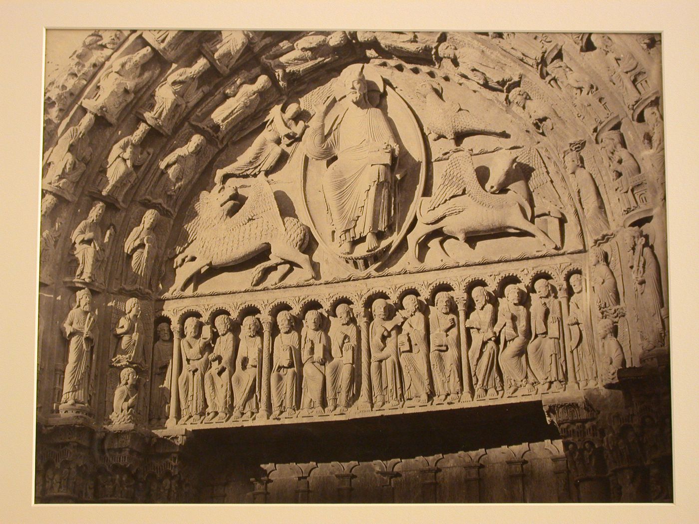 Detail of tympanum, lintel, and archivolts of center door, west façade, Chartres, France
