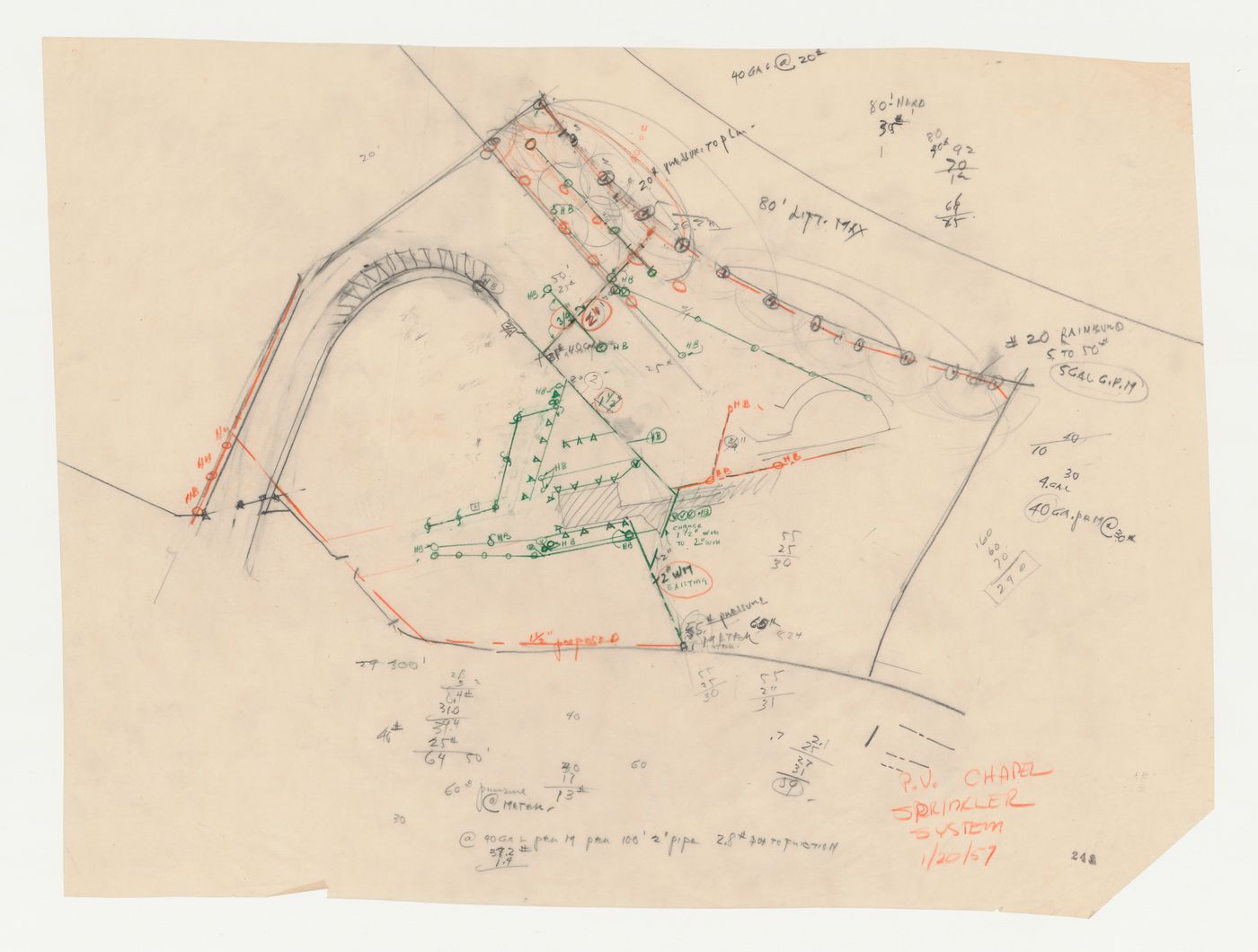 Wayfarers' Chapel, Palos Verdes, California: Sketch site plan for the irrigation system