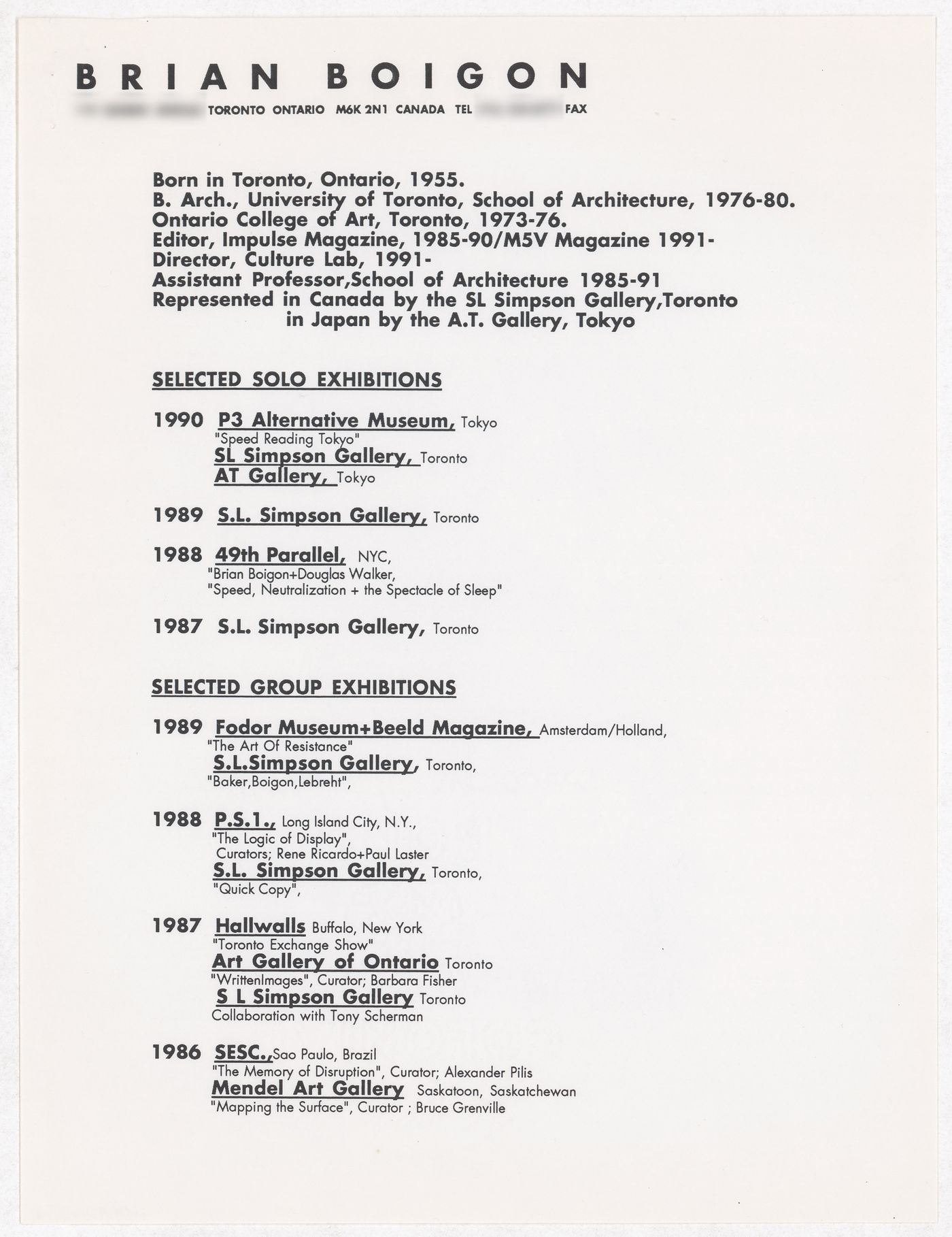 Brian Boigon CV included in Culture Lab Stim-notes