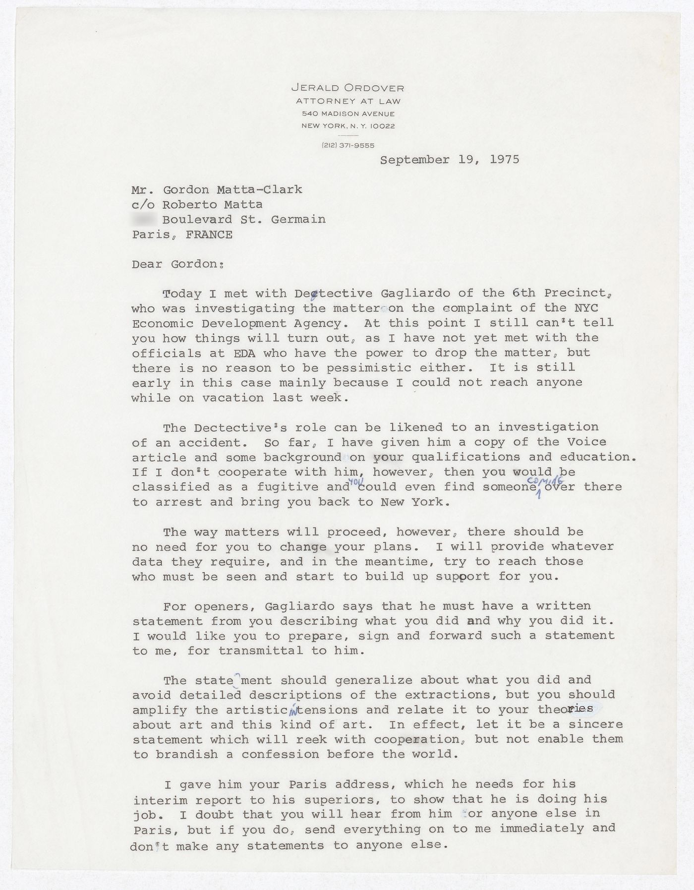 Letter from Jerald Ordover to Gordon Matta-Clark