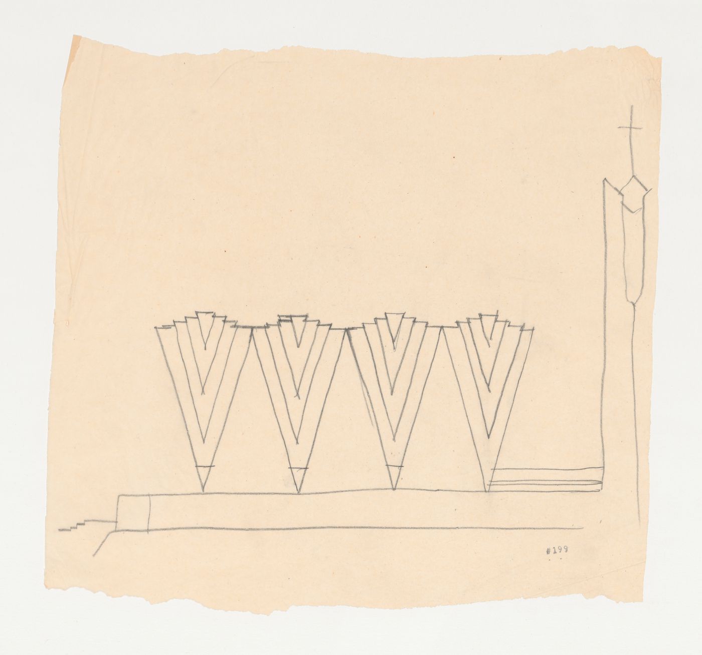 Sketch elevation for a chapel and tower based on the Wayfarers' Chapel design