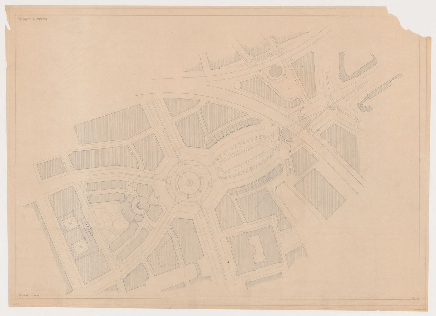 Site plan for the reconstruction of the Hofplein (city centre) showing Industriegebouw Plan B, other mixed-use developments, monument plaza and Café Viaduct, Rotterdam, Netherlands