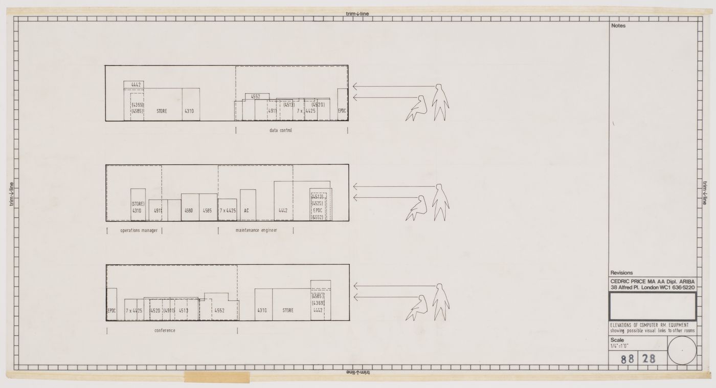 British Transport Docks Board Computer Centre, London, England: elevations of computer room showing possible visual links to other rooms