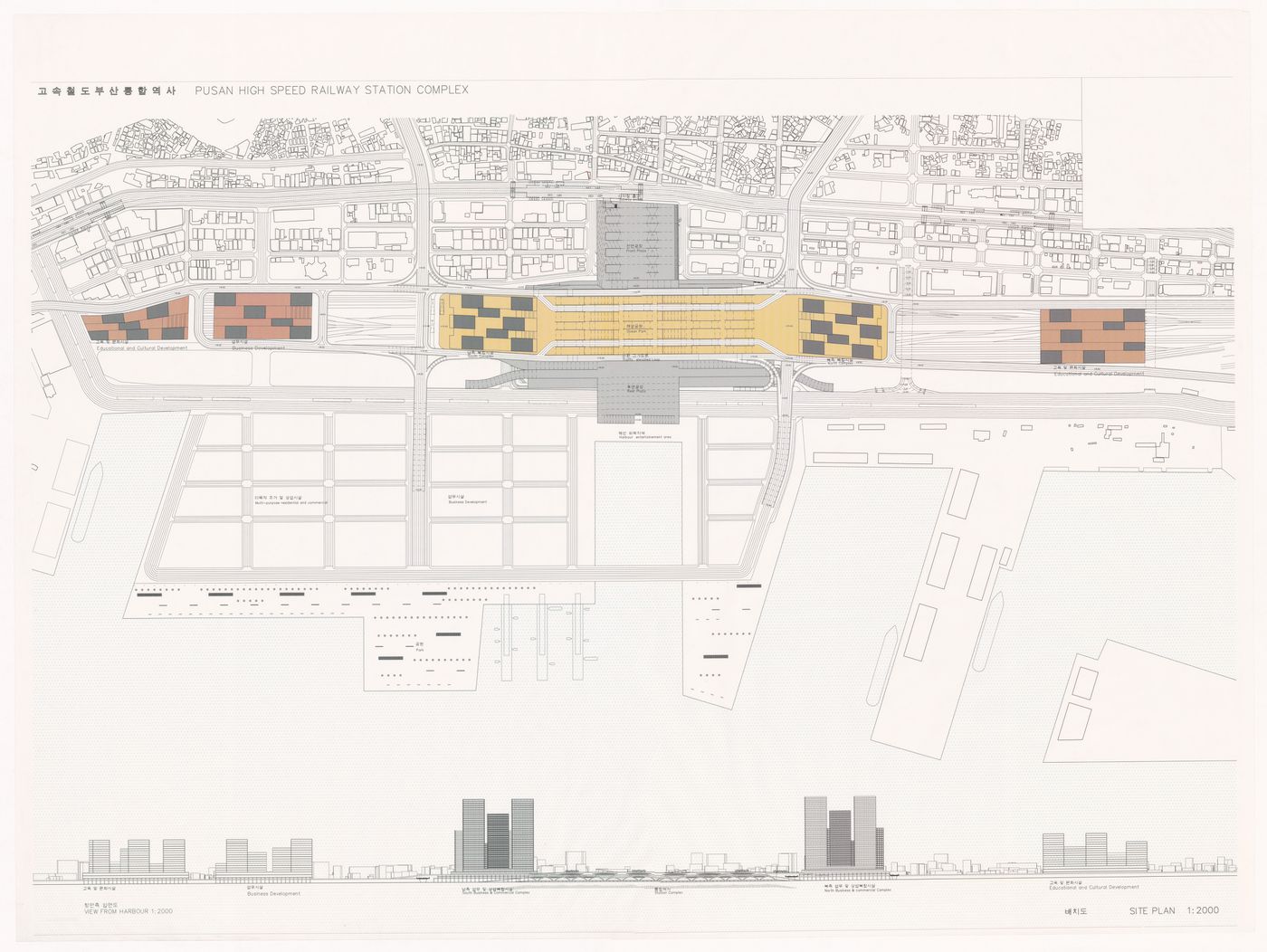 Site plan with elevations for High-Speed Railway Complex, Busan, South Korea