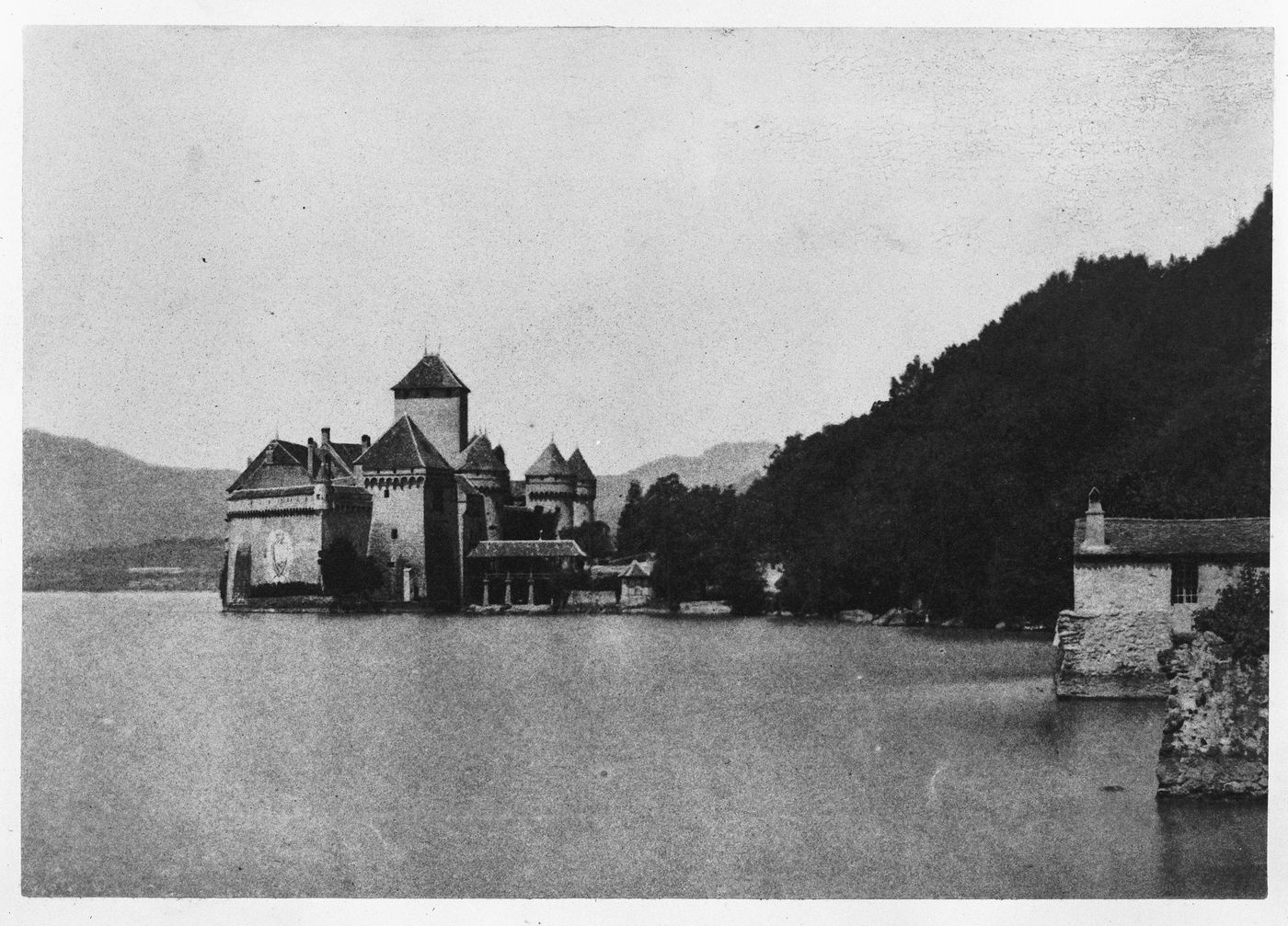View of Castle Chillon from the south, looking over the waters of the lake, Veytaux, Switzerland