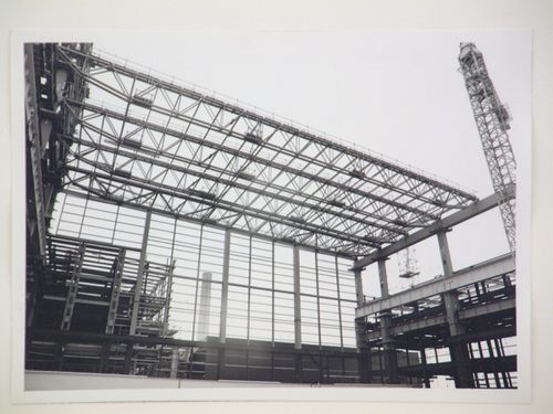 View of construction of steel structure for power station, from below, United Kingdom