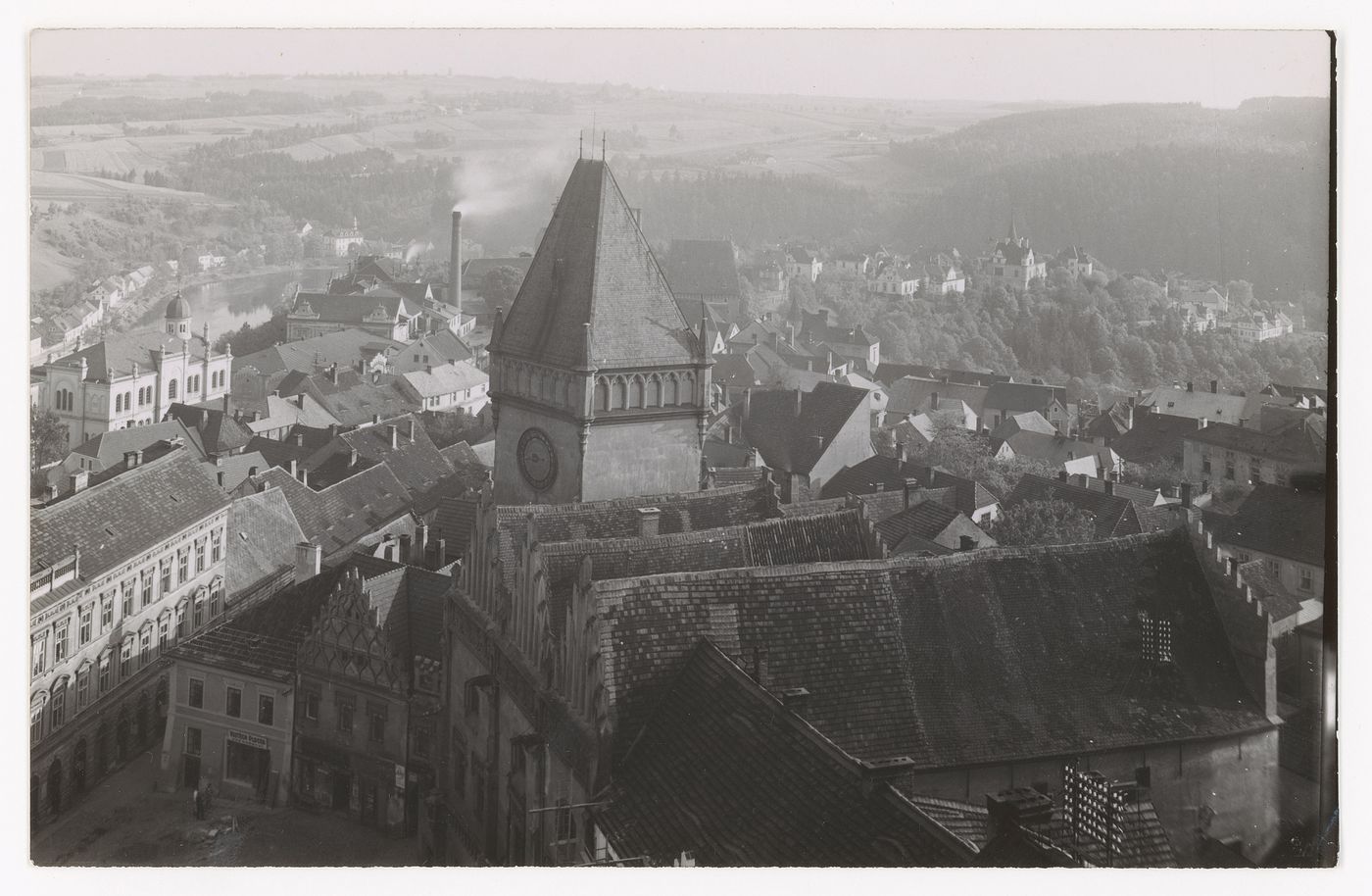 View of old house and building with square tower, landscape in distance, Prague ?, Czech Republic