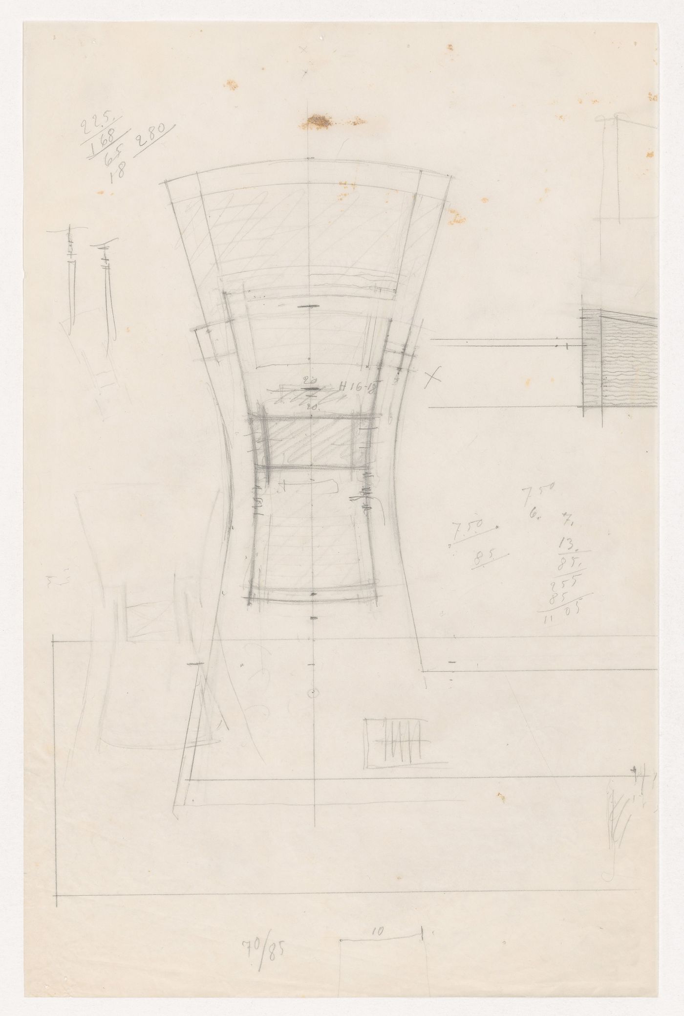 Plan with a small partial elevation for an auditorium and connected structure for Illinois Institute of Technology