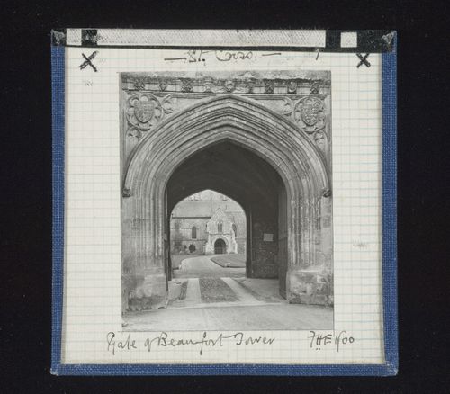 View of gateway of Beaufort Tower, St. Cross Church, Winchester, Hampshire, England