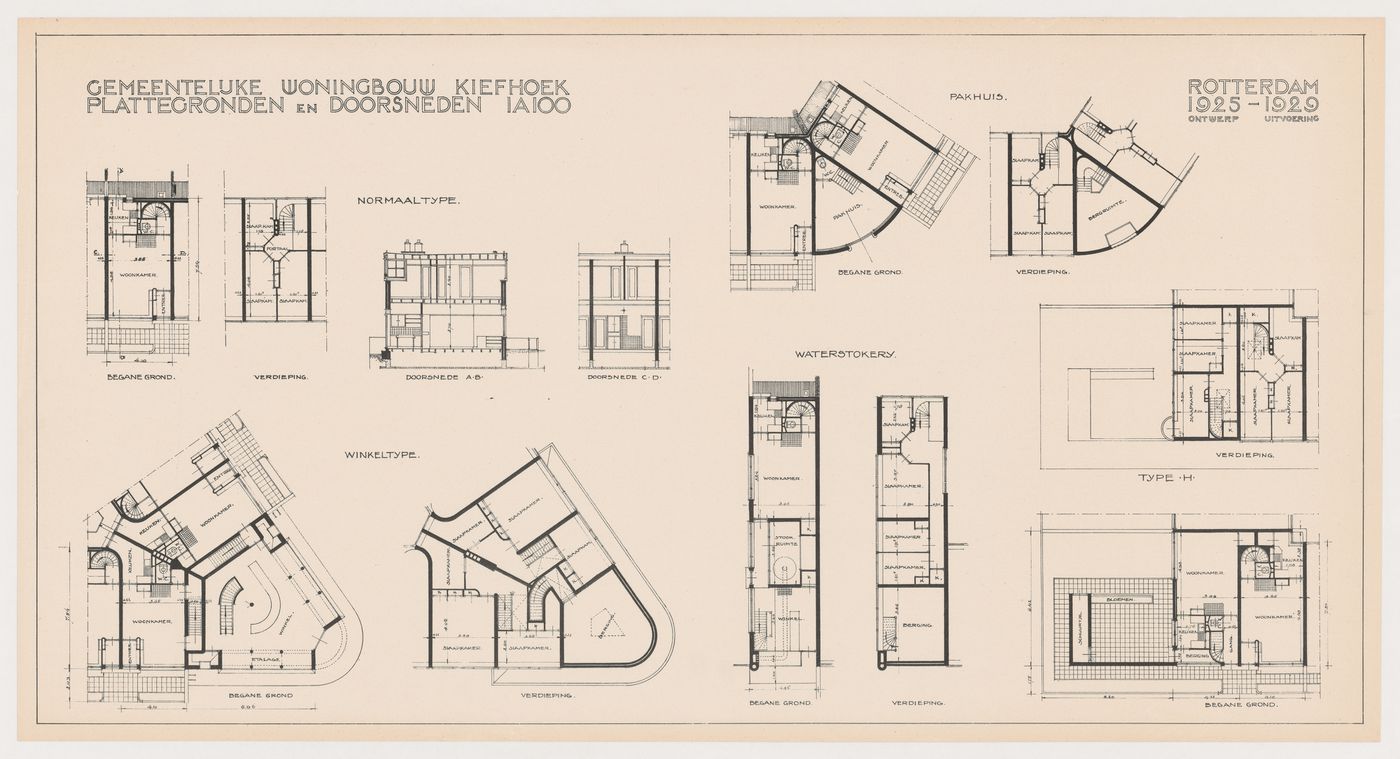 Plans and sections for housing units, and plans for a store, warehouse, and water distillery for Kiefhoek Housing Estate, Rotterdam, Netherlands