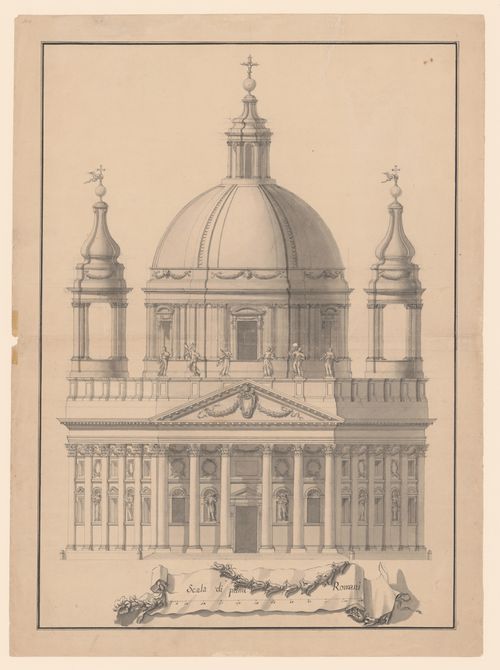 Elevation for the west façade for a central-plan church with a dome and two bell towers
