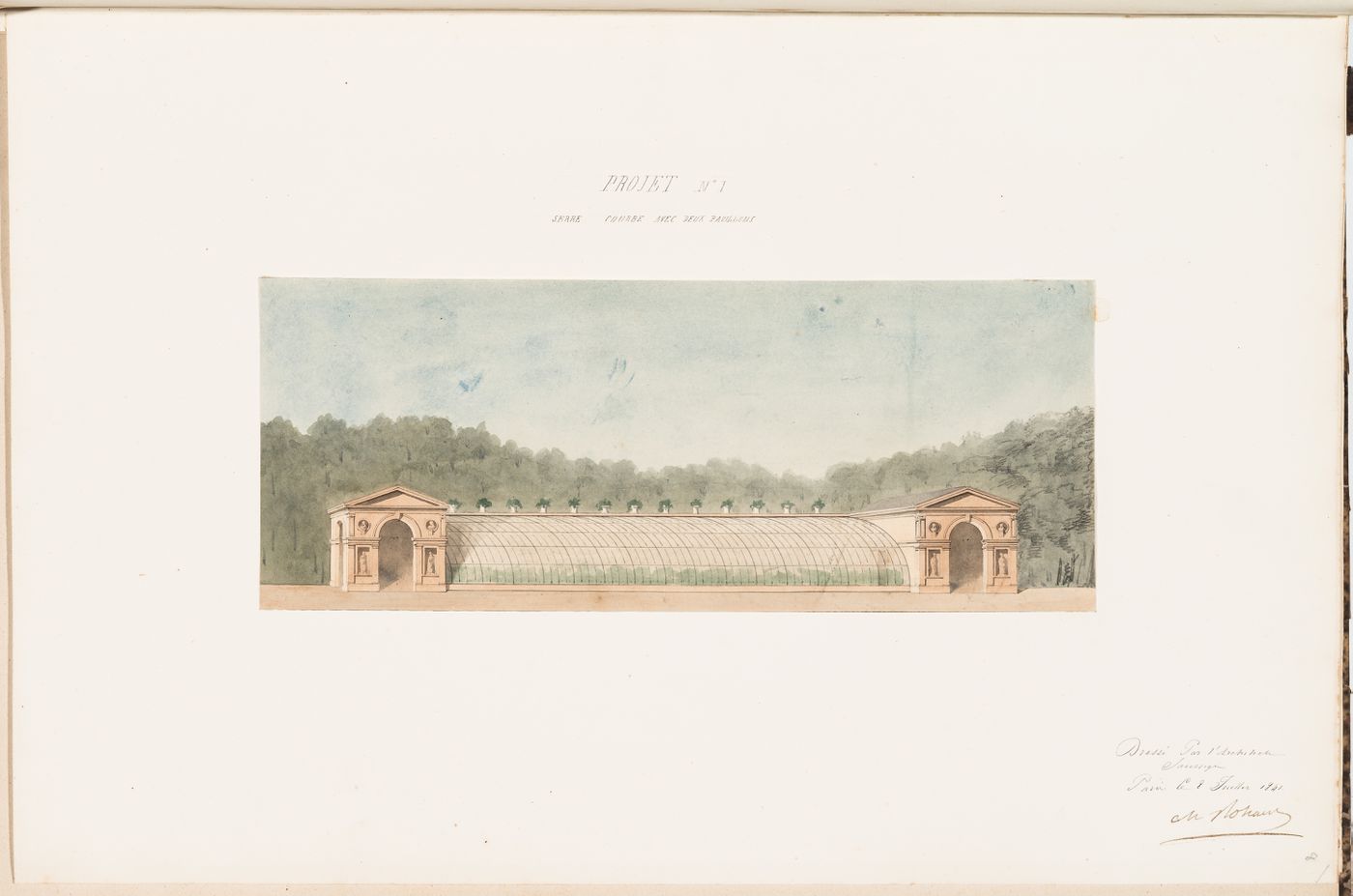 Elevation for a "serre chaude" with a curved glass roof and two pavilions for Monsieur Fauquet-Lemaitre