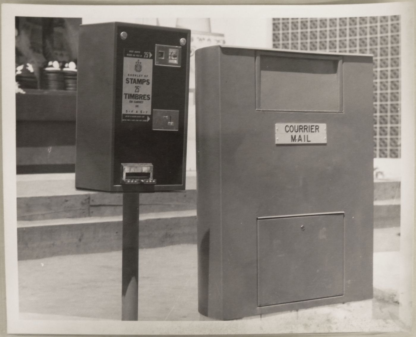 View of a vending machine selling booklets of stamps and a mailbox, Expo 67, Montréal, Québec