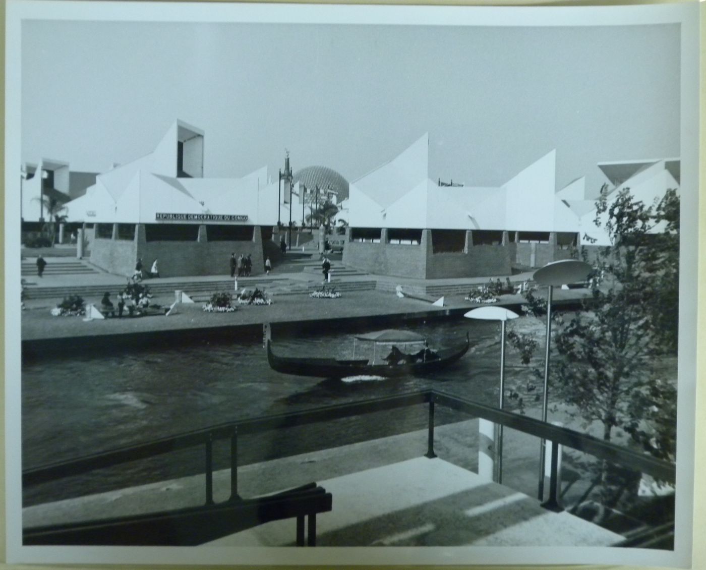 Partial view of the Africa place and the Democratic Republic of the Congo Pavilion with a gondola in foreground, Expo 67, Montréal, Québec