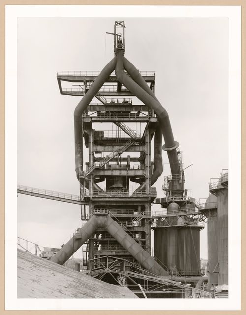 View of blast furnace head B of Metallhüttenwerk industrial plant, Lübeck-Herrenwyk, Germany