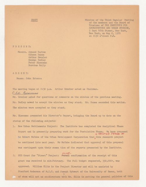 Draft with corrections and annotations for the minutes of the third regular meeting of the Board of Trustees