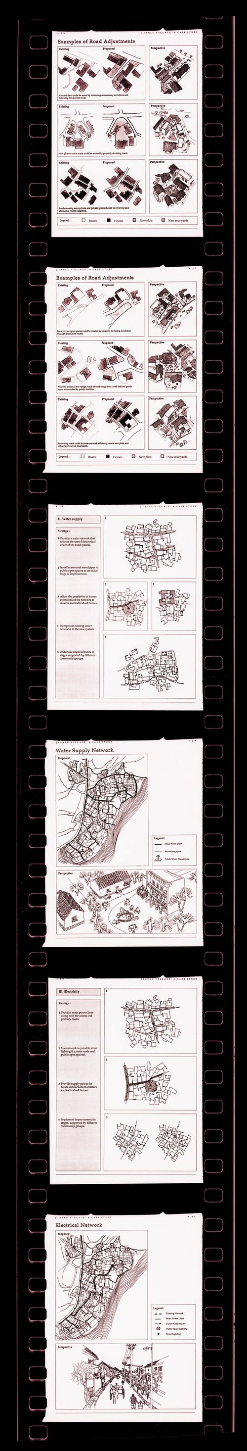 Negative strip of illustrations for the publication "Housing a Billion: Village Upgrading: Jianlu, China" publication