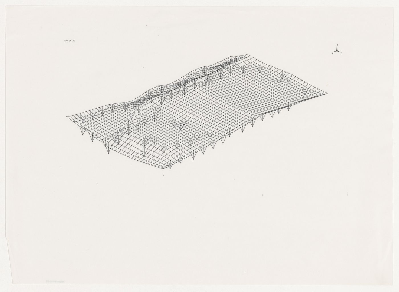 Wireframe axonometric showing lower chords of roof trusses for Odawara Municipal Sports Complex, Odawara, Japan