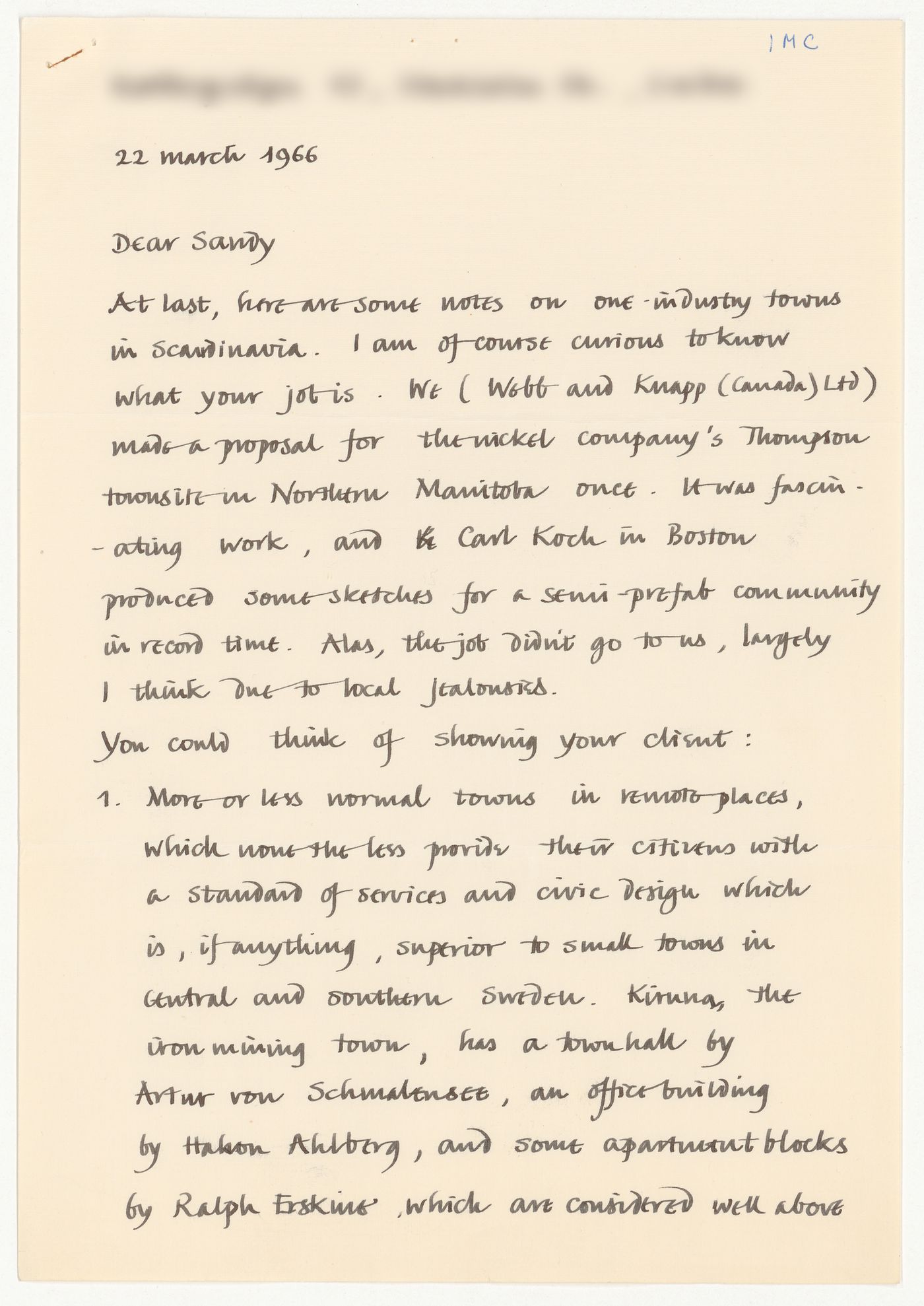 Letter from Jonathan Howard to H. P. Daniel van Ginkel about Esterhazy, Saskatchewan