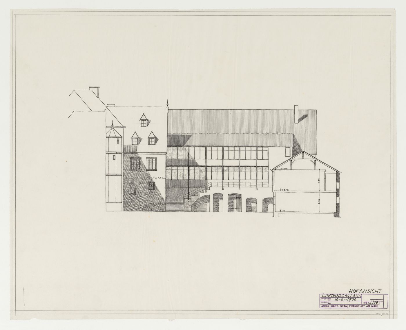 Sectional elevation for an addition to an existing building, possibly a school, Limburg an der Lahn, Germany