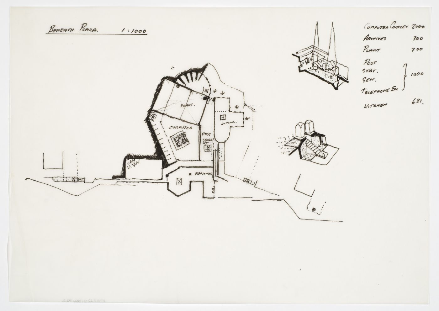 British Telecom National Networks Headquarters, Milton Keynes, England: plan and axonometric sketches