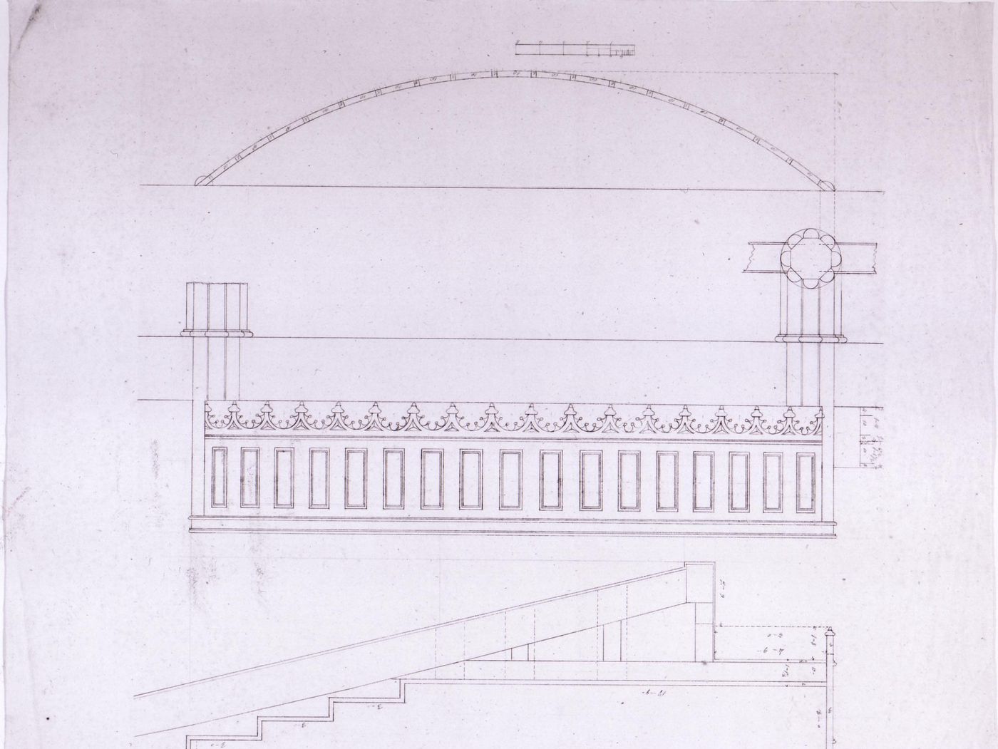 Plan, elevation and section for the tribune for Notre-Dame de Montréal