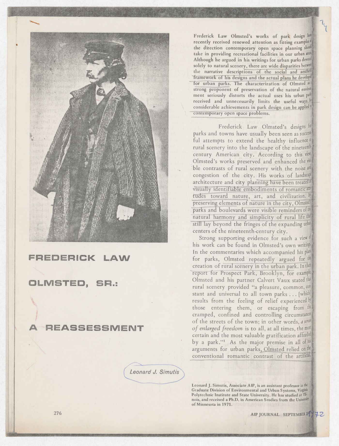 Photocopy of an article by Leonard J. Simutis, Frederick Law Olmsted, Sr. A Reassessment, AIP Journal for the exhibition Olmsted: L'origine del parco urbano e del parco naturale contemporaneo