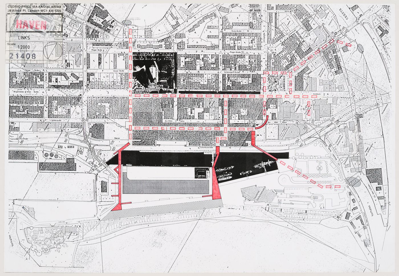 Haven: plan of dockyard site with proposed new routes and bridges in red