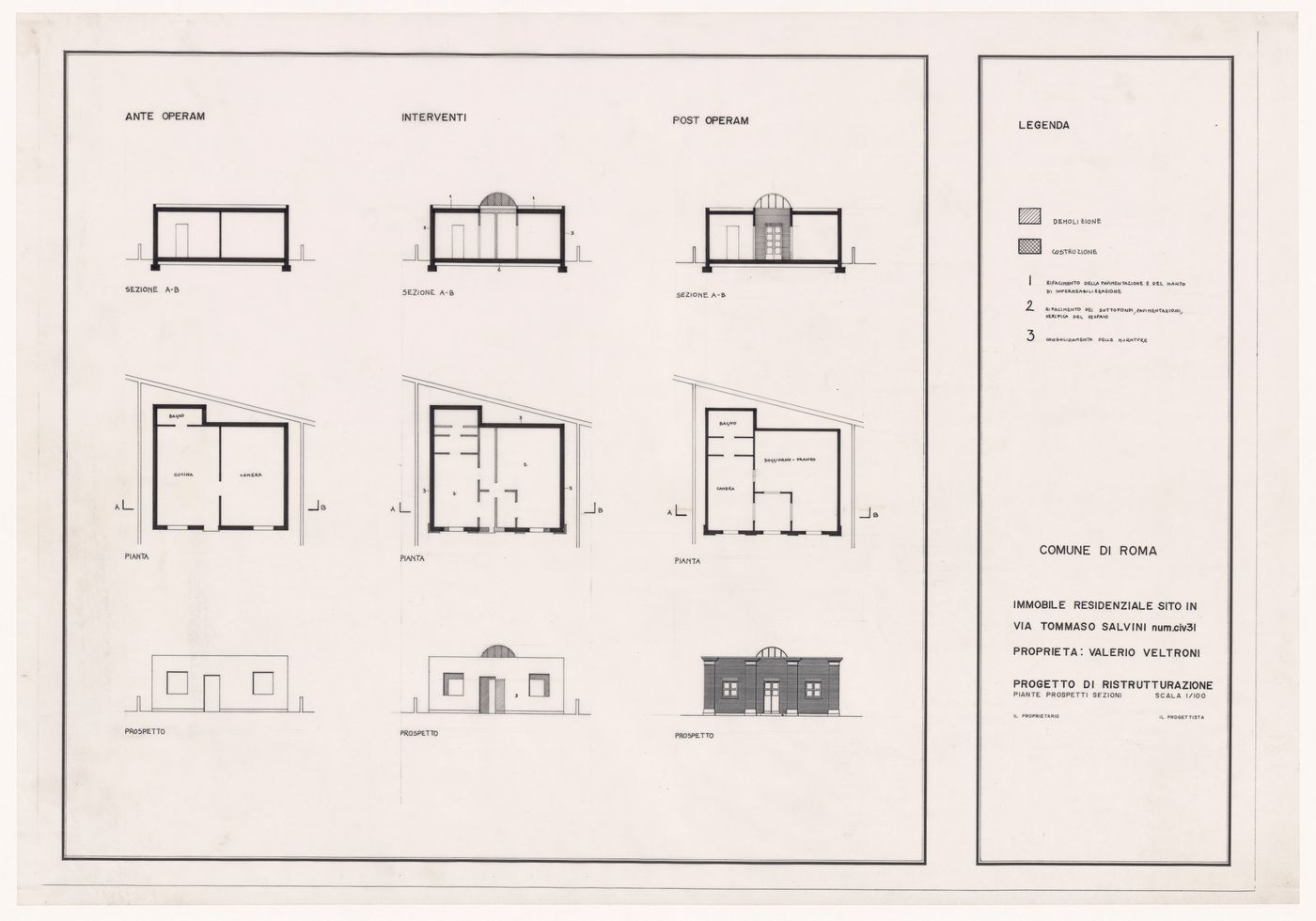 Sections, plans, and elevations for Casa Veltroni, Rome, Italy