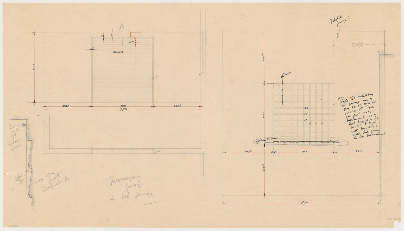 Roof plan, elevation, and partial sections for the garage for Johnson House, Pinehurst, North Carolina