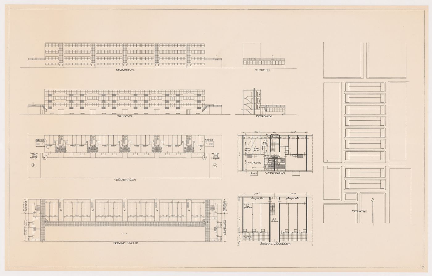Site plan, plans, section, and elevations for housing units for Blijdorp Workers' Housing Quarter, Rotterdam, Netherlands
