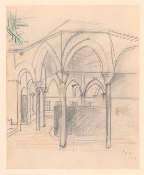 Copy after Le Corbusier, interior perspective of the chardivan in the Fatih Mosque, showing a centralized fountain surrounded by columns supporting a domical rotunda